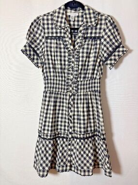 Cotton Express Gingham Dress Black White Ruffle Button Front Size M